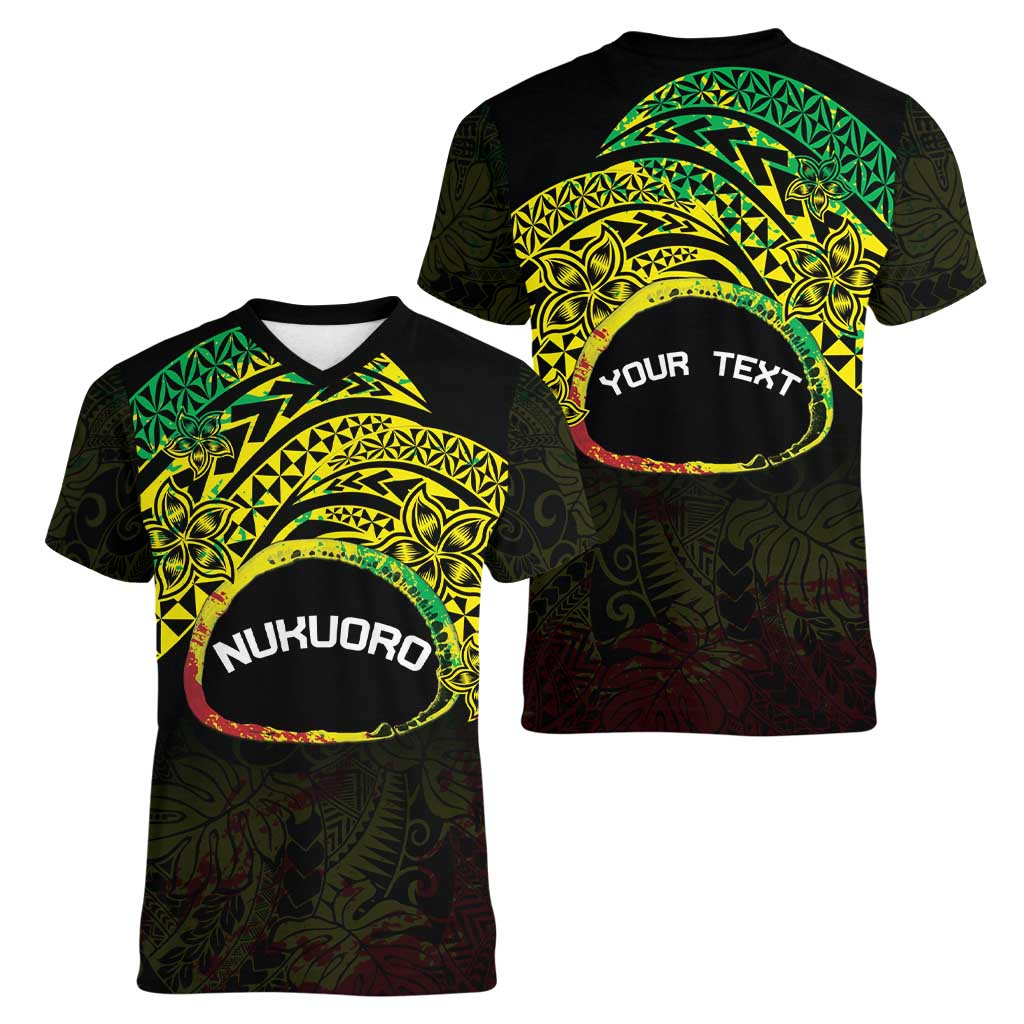 Personalised Nukuoro Atoll Women V-Neck T-Shirt Polynesian Tattoo Curves Reggae Version LT14 - Polynesian Pride