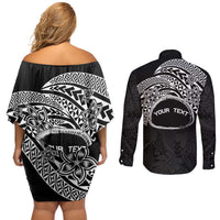 Personalised Pohnpei Nukuoro Micronesia Couples Matching Off Shoulder Short Dress and Long Sleeve Button Shirt Polynesian Tattoo Curves Black Version