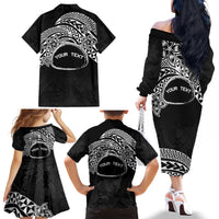 Personalised Pohnpei Nukuoro Micronesia Family Matching Off The Shoulder Long Sleeve Dress and Hawaiian Shirt Polynesian Tattoo Curves Black Version