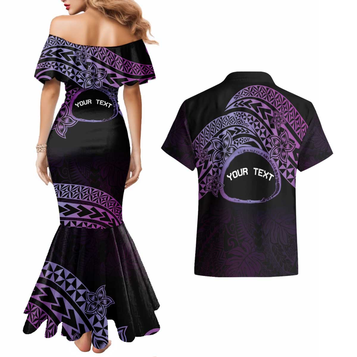 Personalised Pohnpei Nukuoro Micronesia Couples Matching Mermaid Dress and Hawaiian Shirt Polynesian Tattoo Curves Purple Version