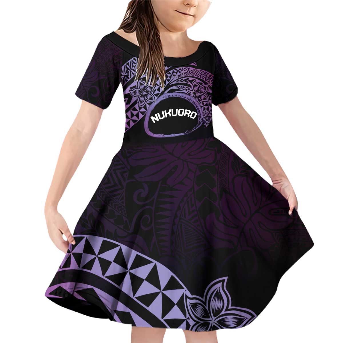 Personalised Pohnpei Nukuoro Micronesia Family Matching Off Shoulder Short Dress and Hawaiian Shirt Polynesian Tattoo Curves Purple Version