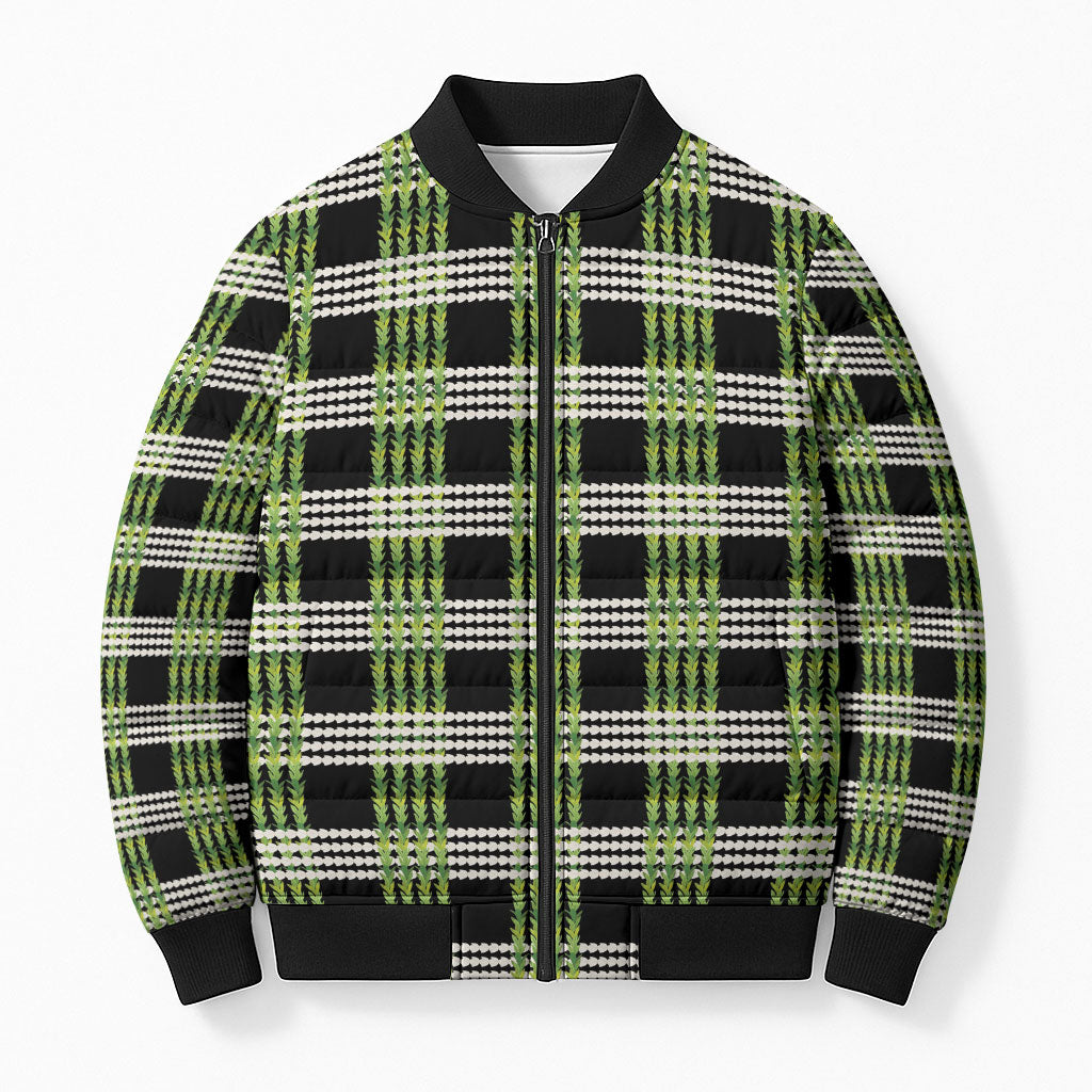 Aloha Hawaii Pakalana Pikake Lei Bomber Puffer Jacket Palaka Inspired Hawaiian-plaid Black