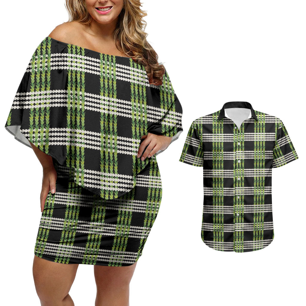 Aloha Hawaii Pakalana Pikake Lei Couples Matching Off Shoulder Short Dress and Hawaiian Shirt Palaka Inspired Hawaiian-plaid Black