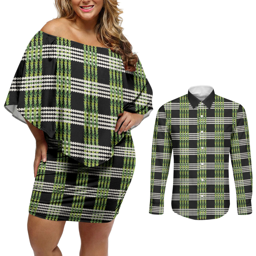Aloha Hawaii Pakalana Pikake Lei Couples Matching Off Shoulder Short Dress and Long Sleeve Button Shirt Palaka Inspired Hawaiian-plaid Black