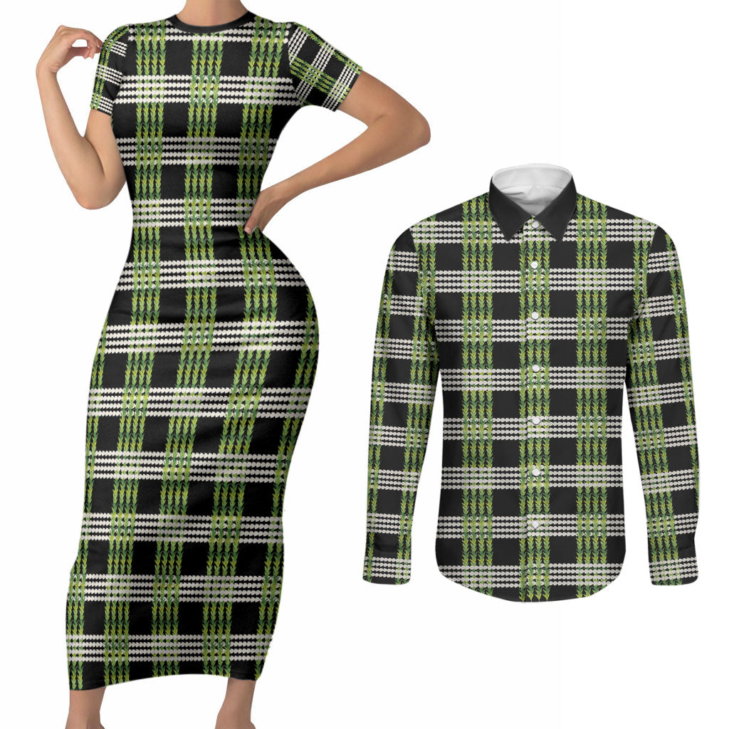 Aloha Hawaii Pakalana Pikake Lei Couples Matching Short Sleeve Bodycon Dress and Long Sleeve Button Shirt Palaka Inspired Hawaiian-plaid Black