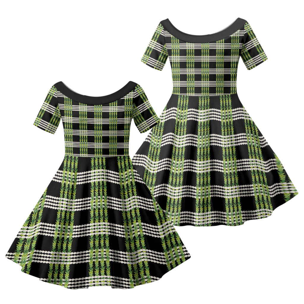 Aloha Hawaii Pakalana Pikake Lei Family Matching Off Shoulder Short Dress and Hawaiian Shirt Palaka Inspired Hawaiian-plaid Black
