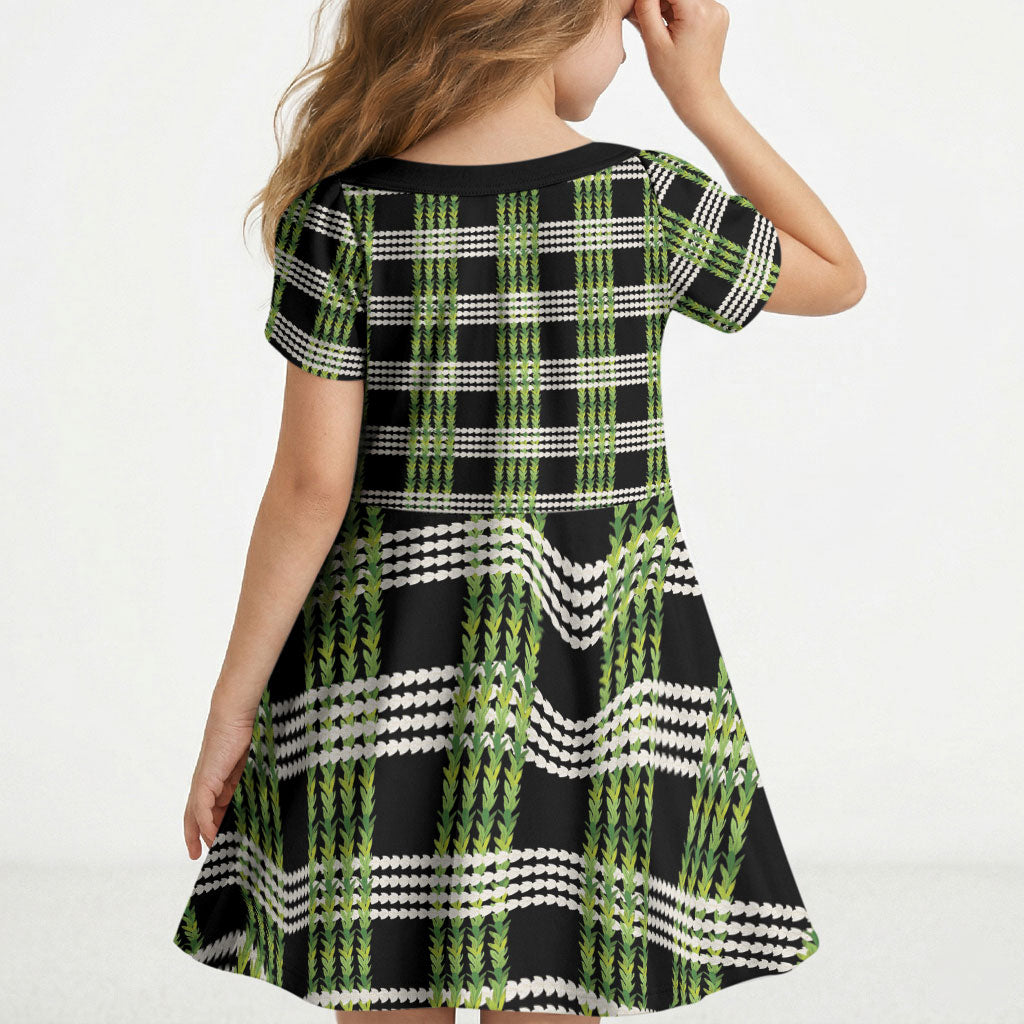 Aloha Hawaii Pakalana Pikake Lei Kid Short Sleeve Dress Palaka Inspired Hawaiian-plaid Black