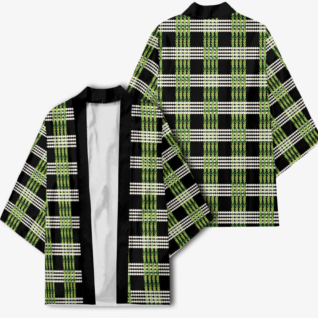 Aloha Hawaii Pakalana Pikake Lei Kimono Palaka Inspired Hawaiian-plaid Black