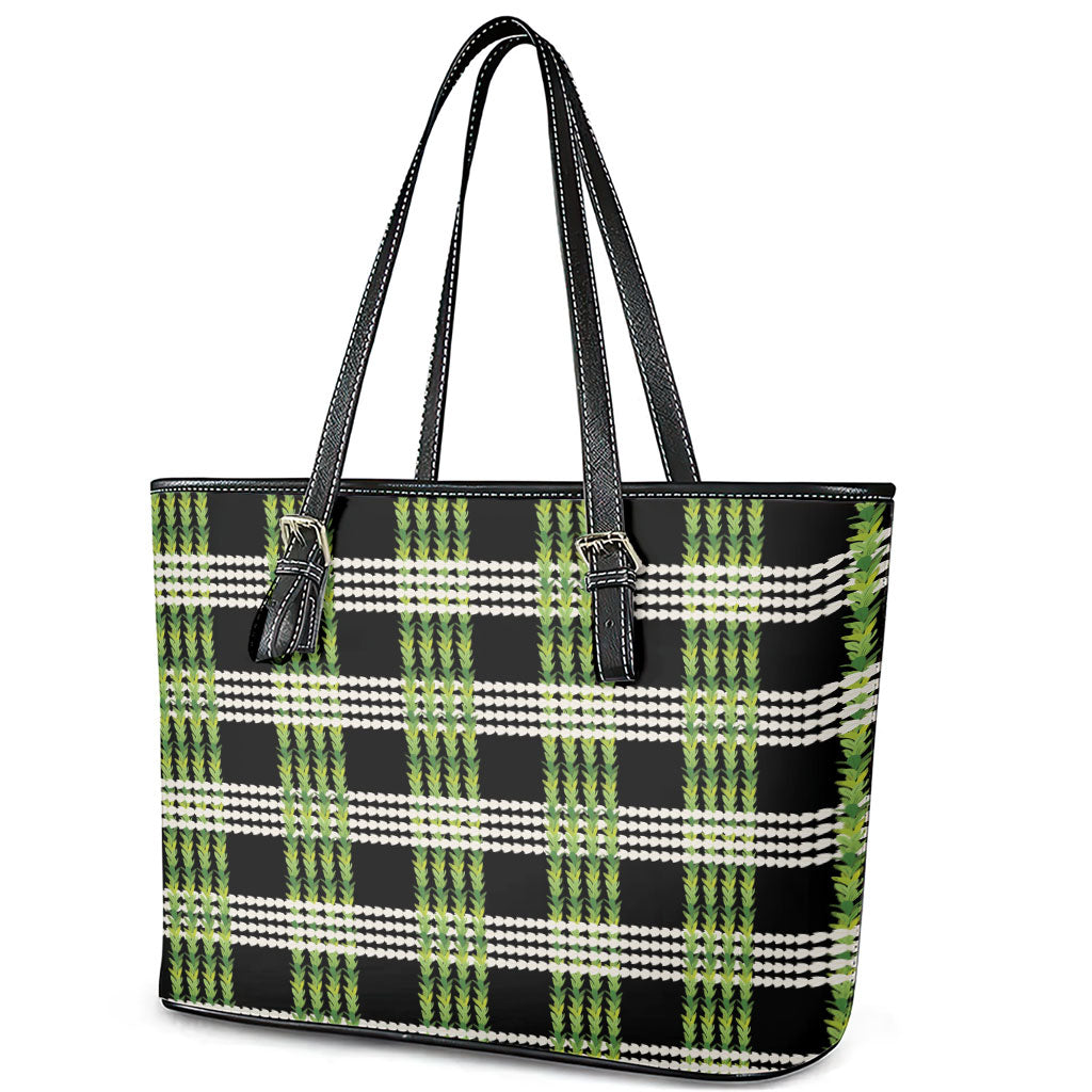 Aloha Hawaii Pakalana Pikake Lei Leather Tote Bag Palaka Inspired Hawaiian-plaid Black