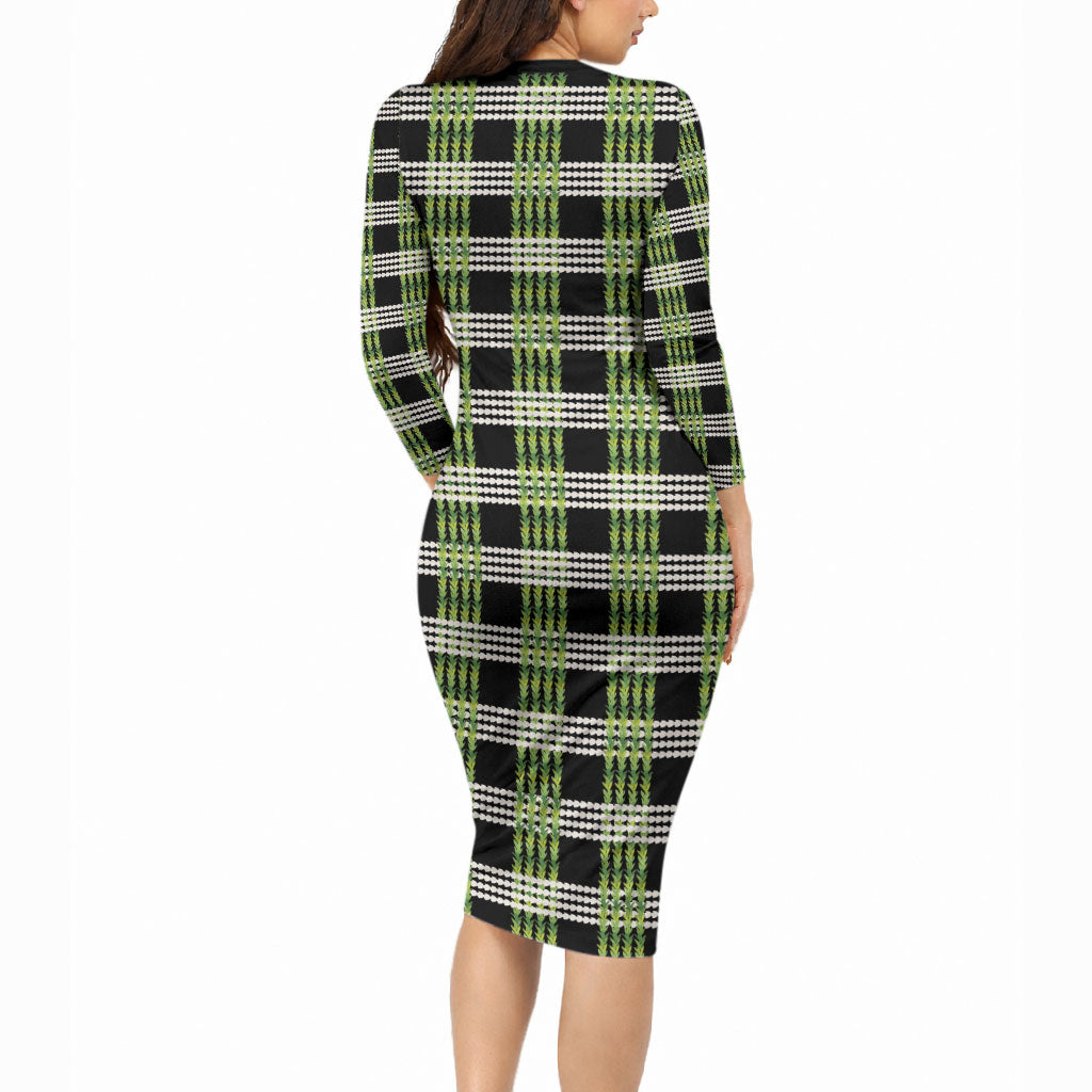 Aloha Hawaii Pakalana Pikake Lei Long Sleeve Bodycon Dress Palaka Inspired Hawaiian-plaid Black