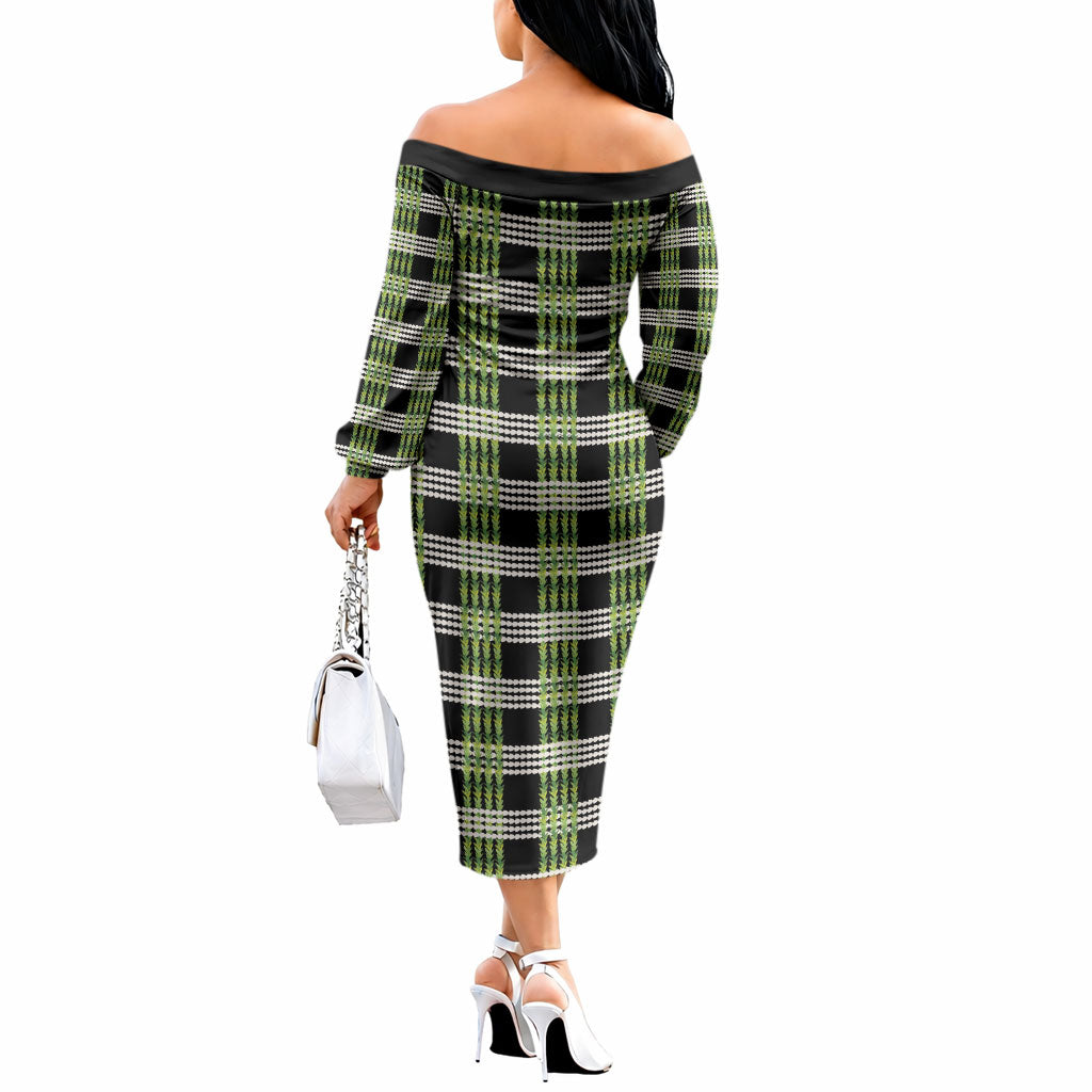Aloha Hawaii Pakalana Pikake Lei Off The Shoulder Long Sleeve Dress Palaka Inspired Hawaiian-plaid Black