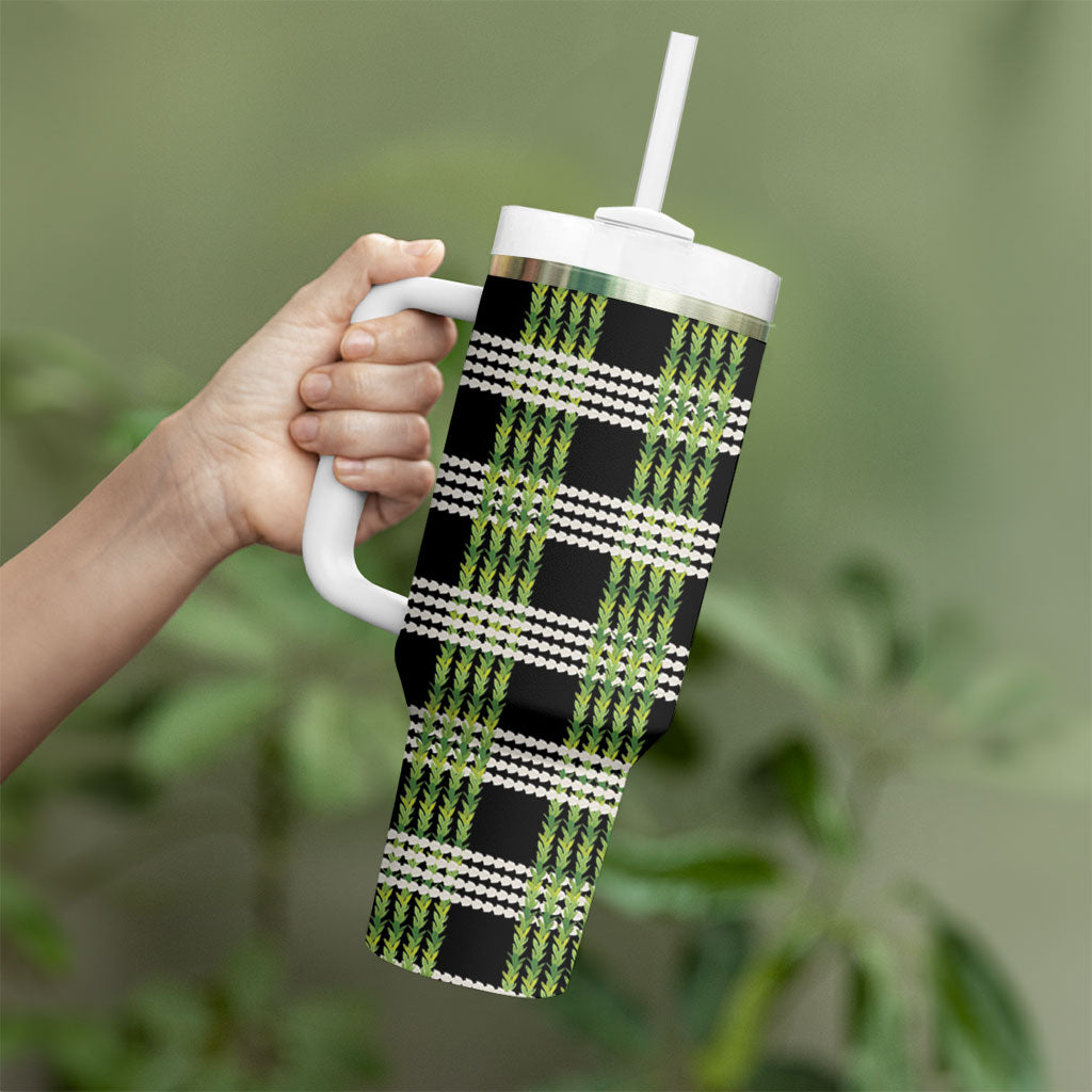 Aloha Hawaii Pakalana Pikake Lei Tumbler With Handle Palaka Inspired Hawaiian-plaid Black