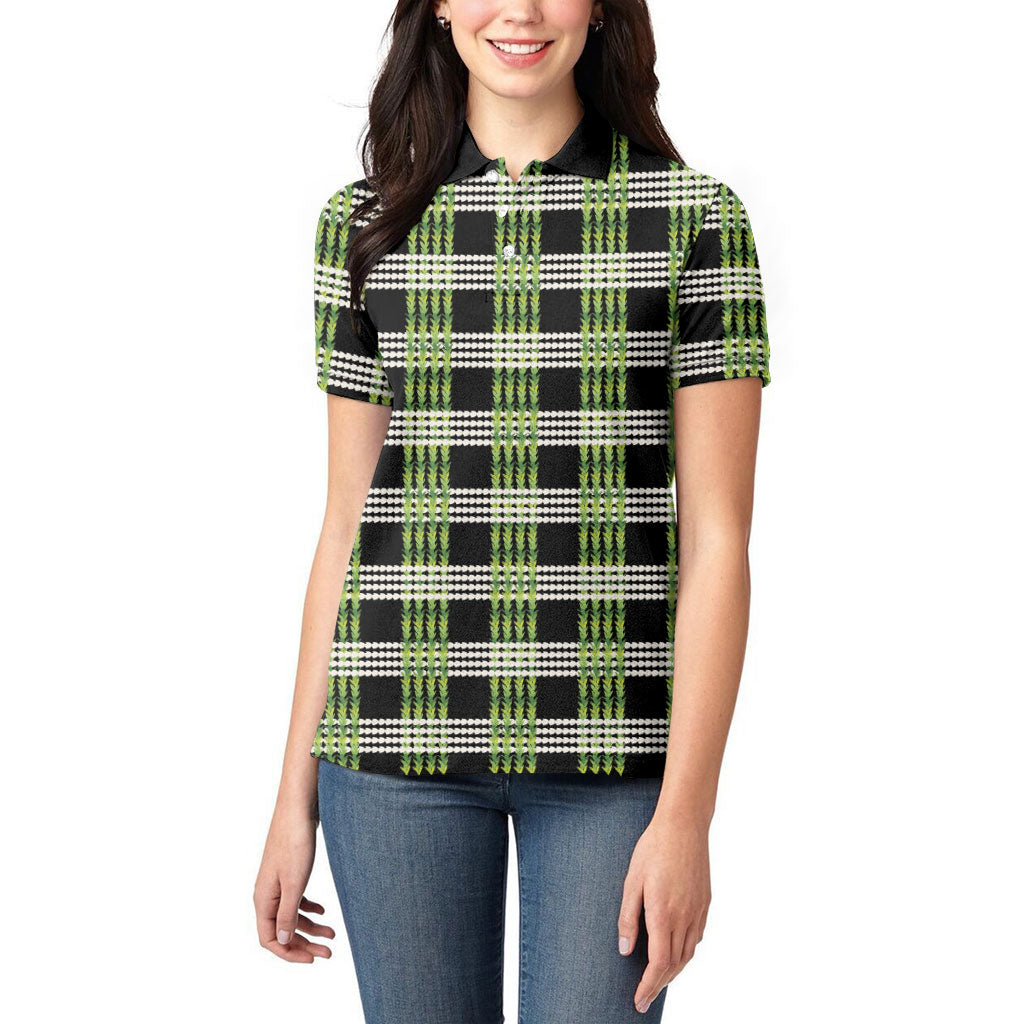 Aloha Hawaii Pakalana Pikake Lei Women Polo Shirt Palaka Inspired Hawaiian-plaid Black