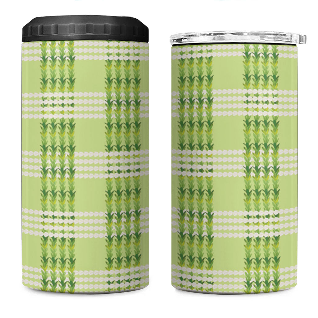 Aloha Hawaii Pakalana Pikake Lei 4 in 1 Can Cooler Tumbler Palaka Inspired Hawaiian-plaid Pastel Green