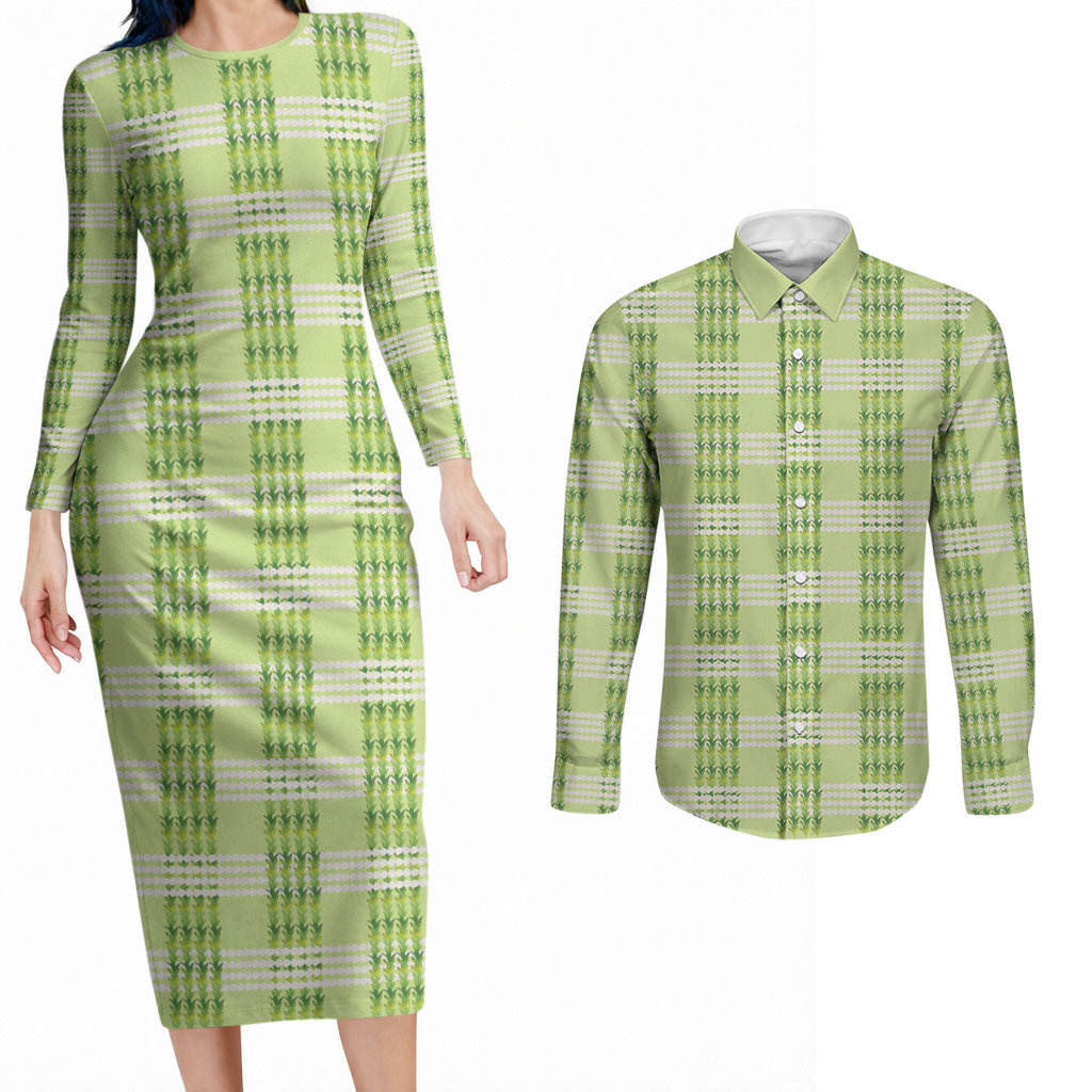 Aloha Hawaii Pakalana Pikake Lei Couples Matching Long Sleeve Bodycon Dress and Long Sleeve Button Shirt Palaka Inspired Hawaiian-plaid Pastel Green