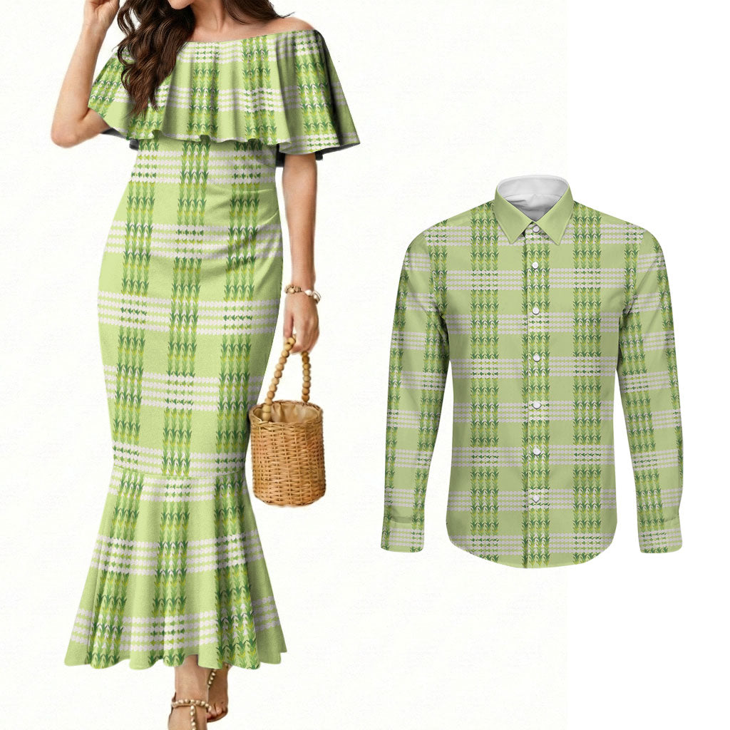 Aloha Hawaii Pakalana Pikake Lei Couples Matching Mermaid Dress and Long Sleeve Button Shirt Palaka Inspired Hawaiian-plaid Pastel Green