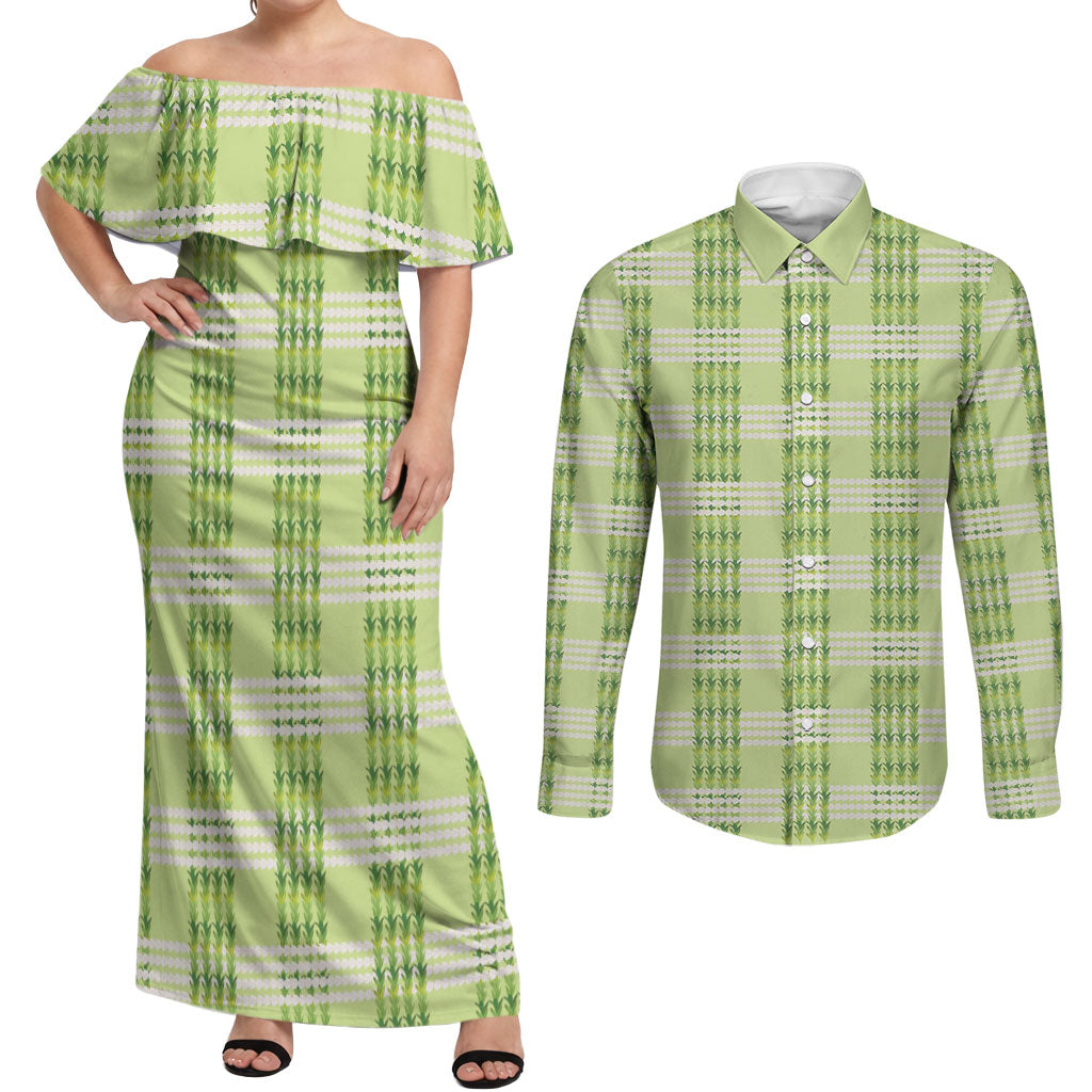 Aloha Hawaii Pakalana Pikake Lei Couples Matching Off Shoulder Maxi Dress and Long Sleeve Button Shirt Palaka Inspired Hawaiian-plaid Pastel Green
