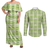 Aloha Hawaii Pakalana Pikake Lei Couples Matching Off Shoulder Maxi Dress and Long Sleeve Button Shirt Palaka Inspired Hawaiian-plaid Pastel Green
