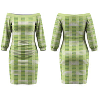 Aloha Hawaii Pakalana Pikake Lei Couples Matching Off The Shoulder Long Sleeve Dress and Long Sleeve Button Shirt Palaka Inspired Hawaiian-plaid Pastel Green