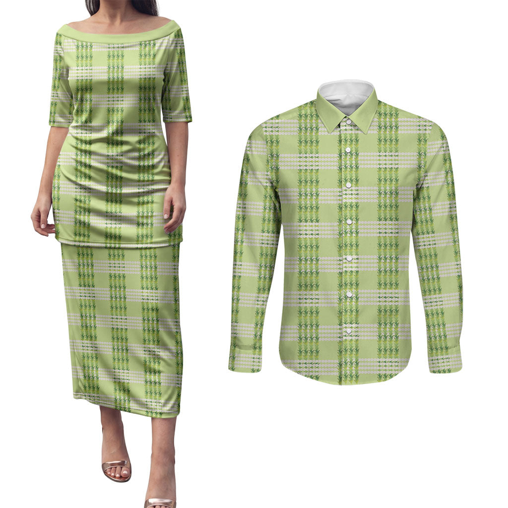 Aloha Hawaii Pakalana Pikake Lei Couples Matching Puletasi and Long Sleeve Button Shirt Palaka Inspired Hawaiian-plaid Pastel Green