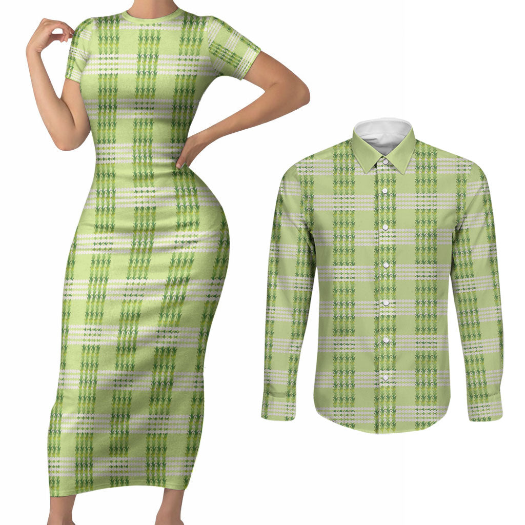 Aloha Hawaii Pakalana Pikake Lei Couples Matching Short Sleeve Bodycon Dress and Long Sleeve Button Shirt Palaka Inspired Hawaiian-plaid Pastel Green