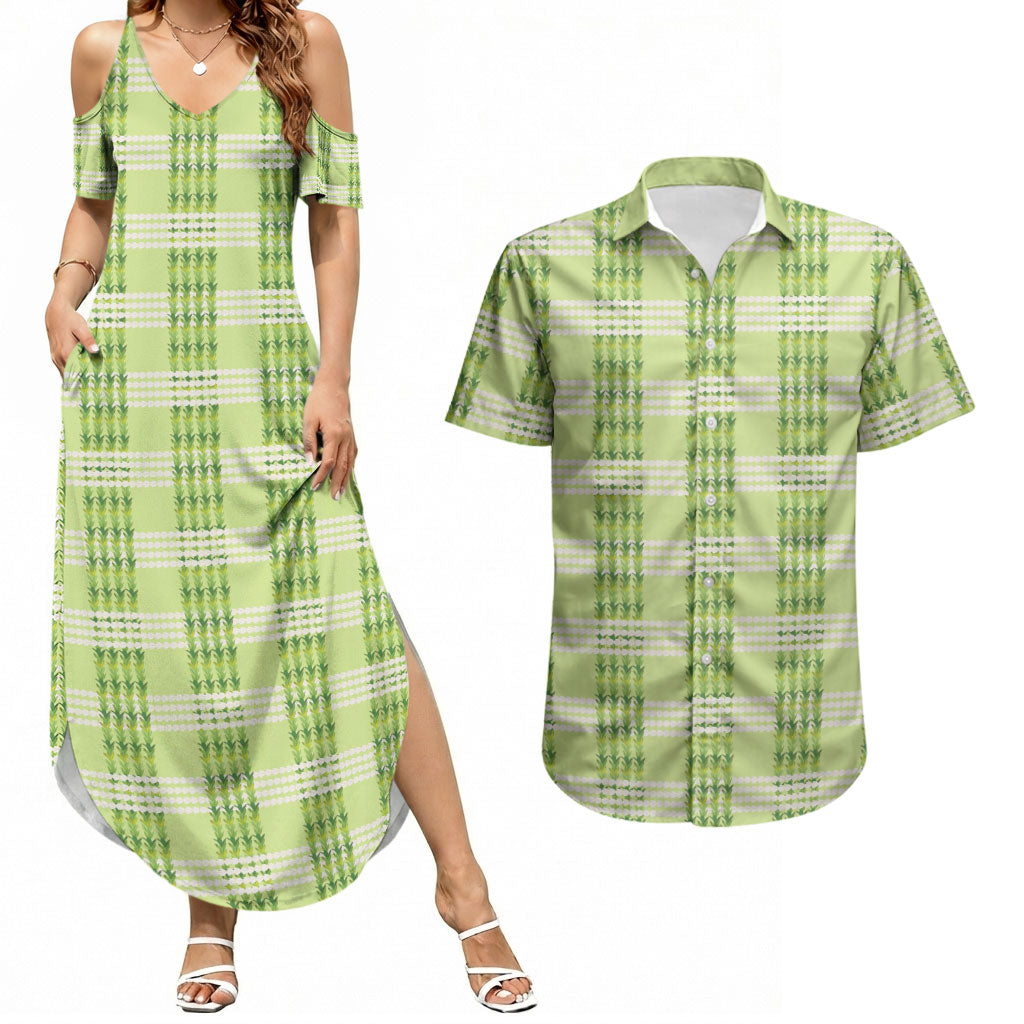 Aloha Hawaii Pakalana Pikake Lei Couples Matching Summer Maxi Dress and Hawaiian Shirt Palaka Inspired Hawaiian-plaid Pastel Green