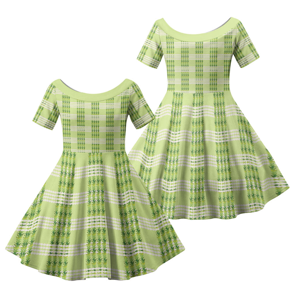 Aloha Hawaii Pakalana Pikake Lei Family Matching Off The Shoulder Long Sleeve Dress and Hawaiian Shirt Palaka Inspired Hawaiian-plaid Pastel Green