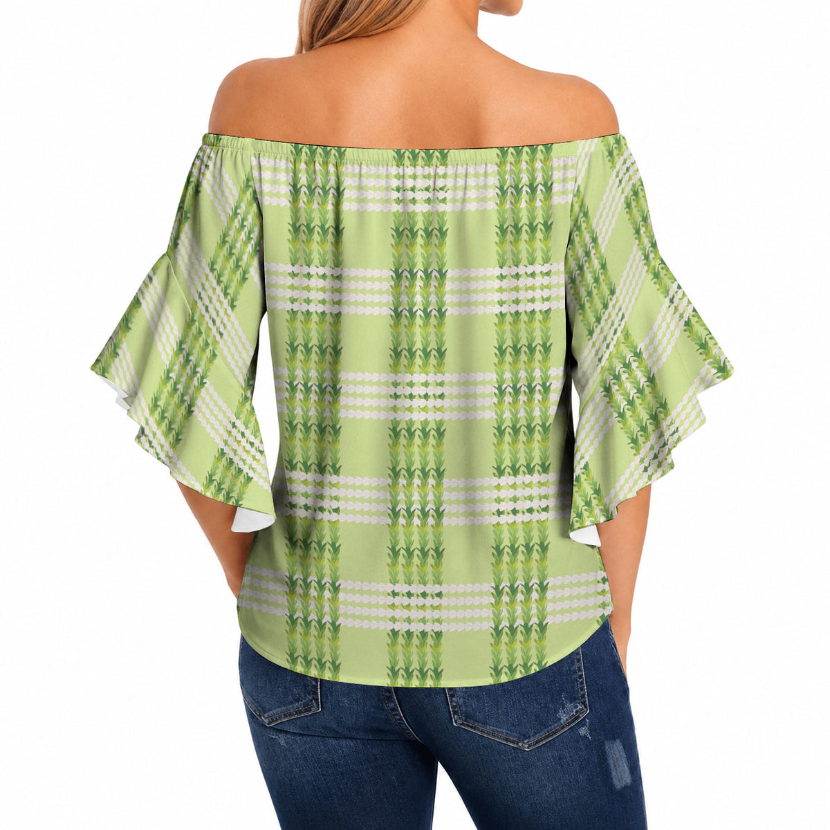 Aloha Hawaii Pakalana Pikake Lei Off Shoulder Wrap Waist Top Palaka Inspired Hawaiian-plaid Pastel Green