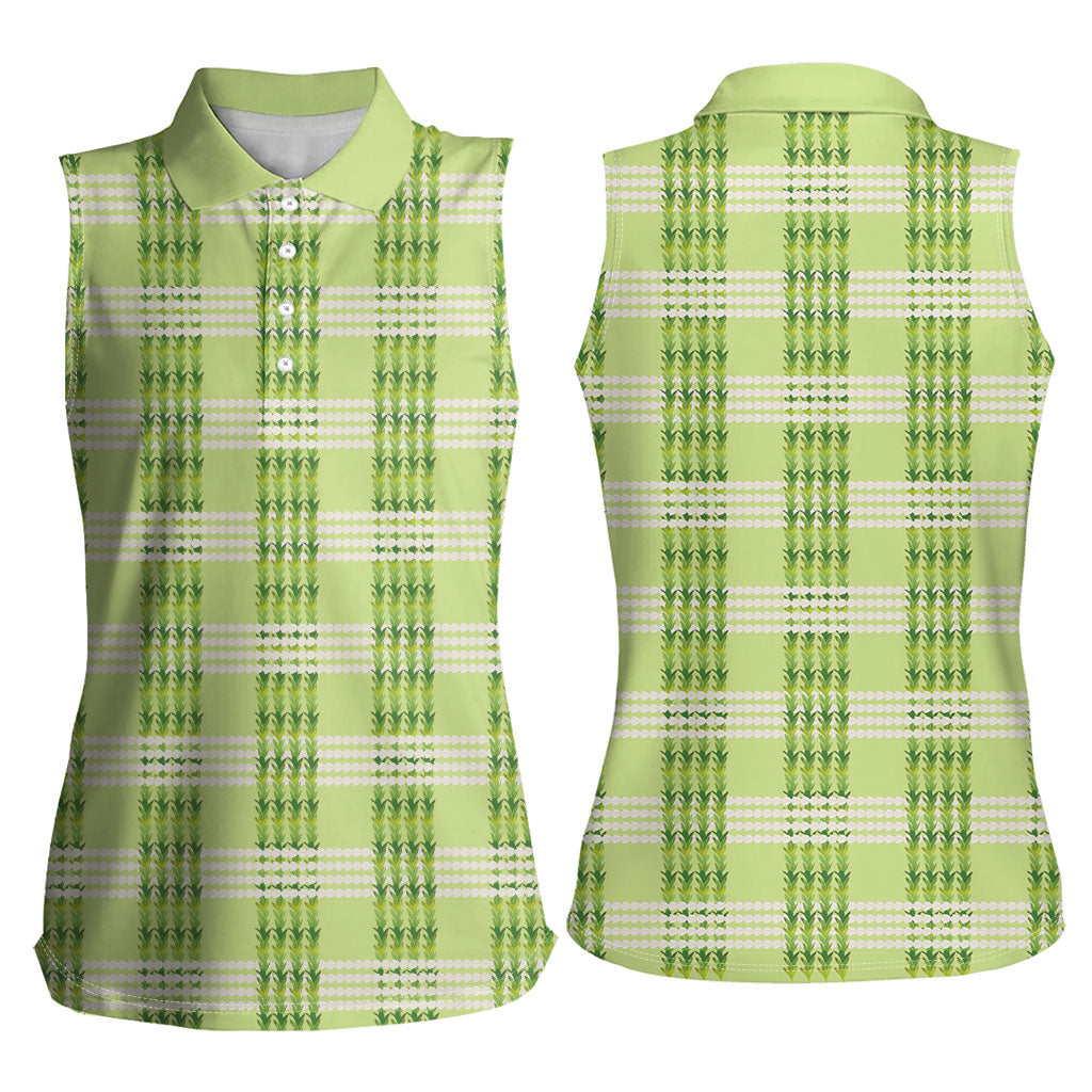 Aloha Hawaii Pakalana Pikake Lei Women Sleeveless Polo Shirt Palaka Inspired Hawaiian-plaid Pastel Green