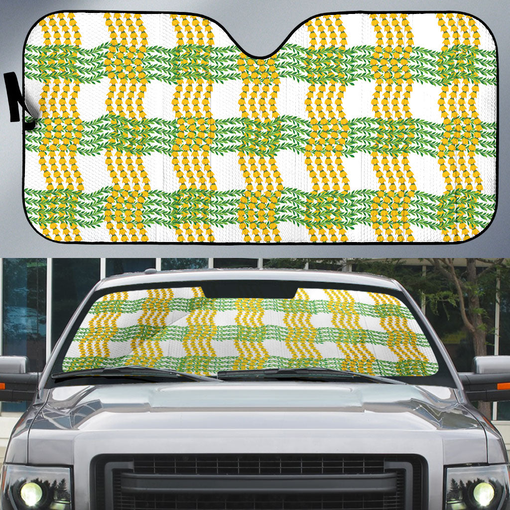 Aloha Hawaii Ilima Maile Lei Auto Sun Shade Palaka Inspired Hawaiian-plaid White