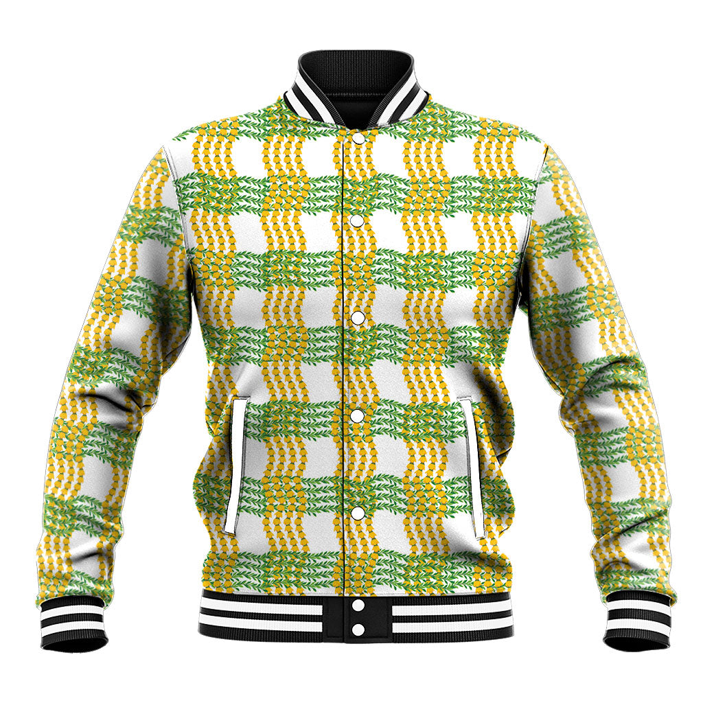 Aloha Hawaii Ilima Maile Lei Baseball Jacket Palaka Inspired Hawaiian-plaid White