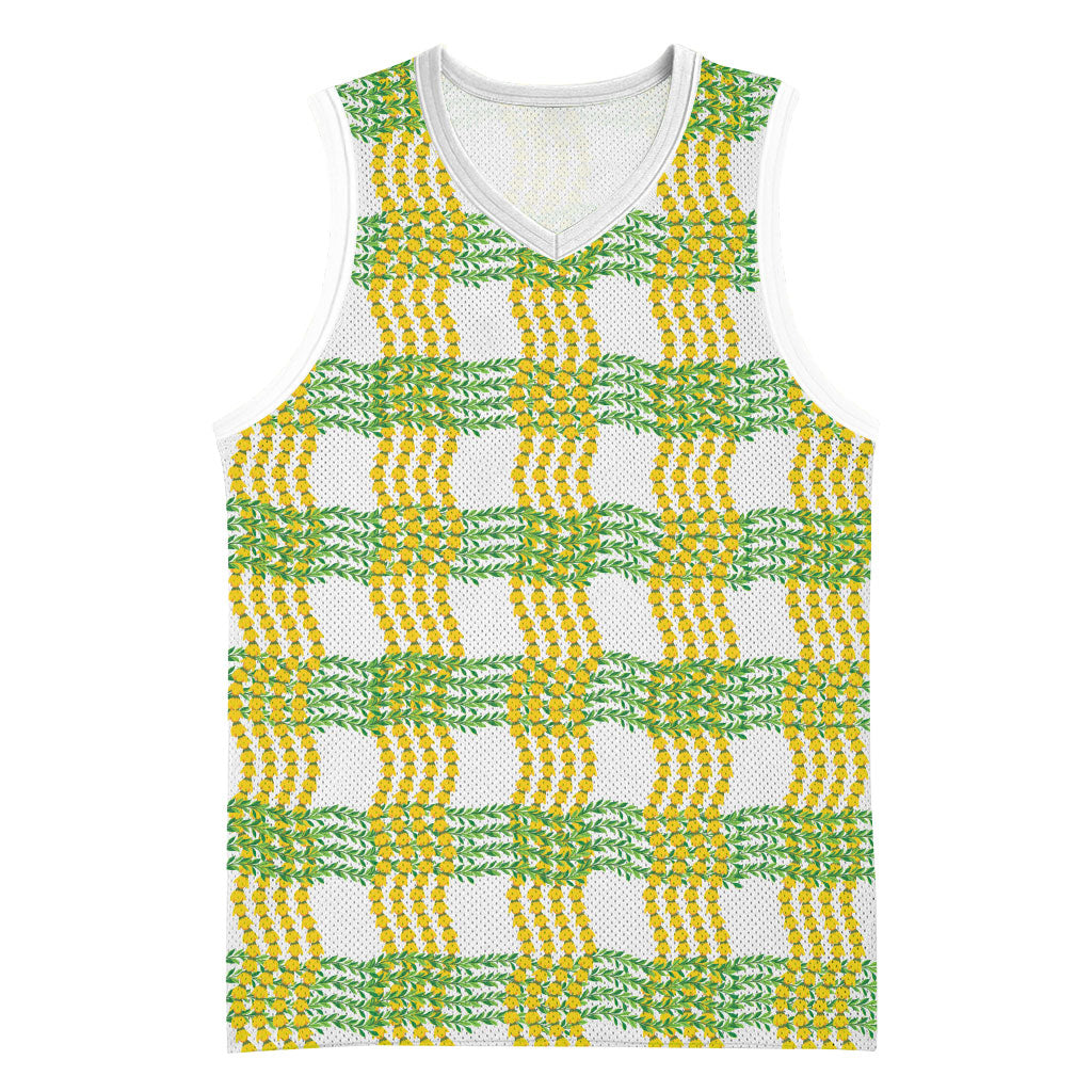 Aloha Hawaii Ilima Maile Lei Basketball Jersey Palaka Inspired Hawaiian-plaid White