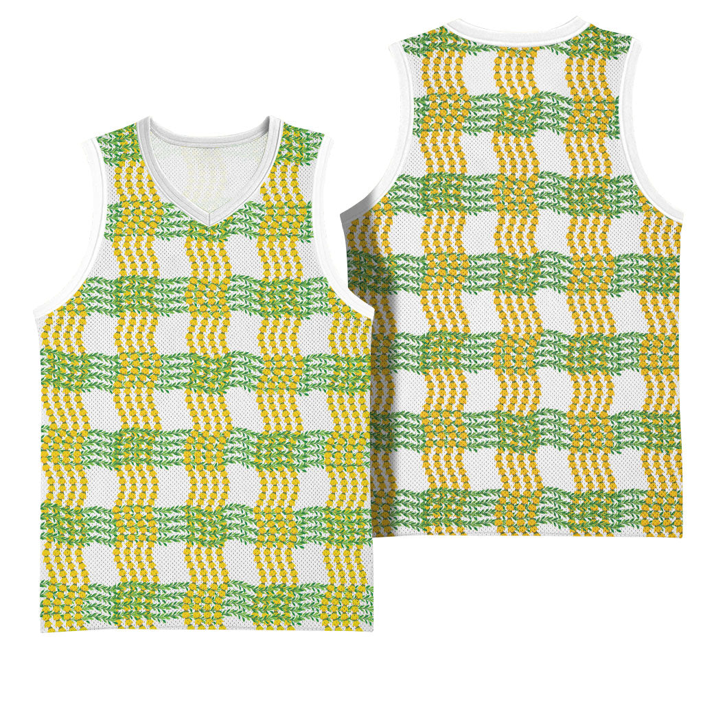 Aloha Hawaii Ilima Maile Lei Basketball Jersey Palaka Inspired Hawaiian-plaid White