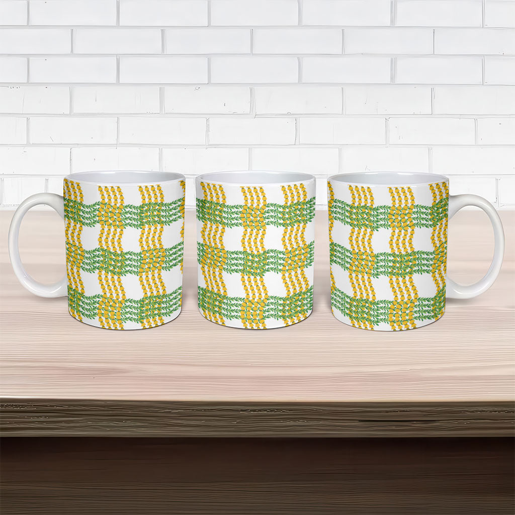 Aloha Hawaii Ilima Maile Lei Ceramic Mug Palaka Inspired Hawaiian-plaid White