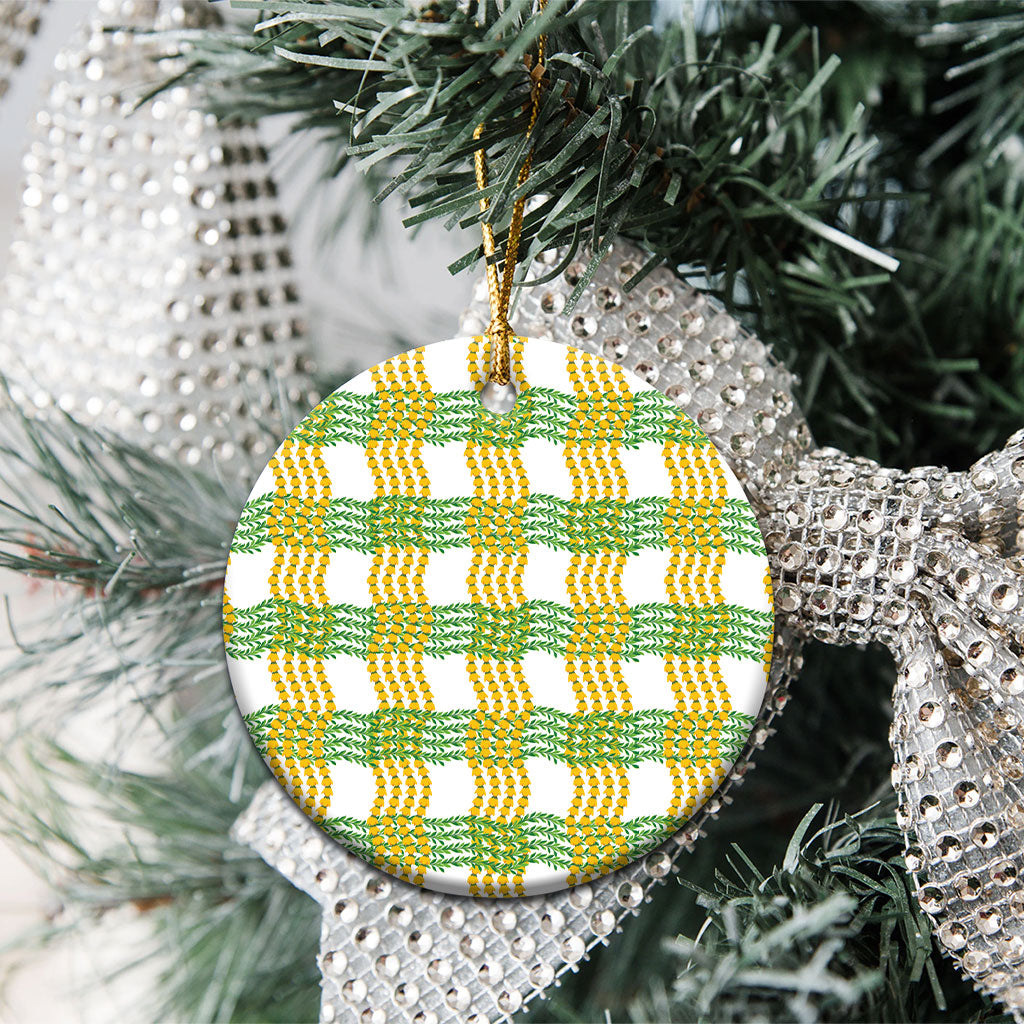 Aloha Hawaii Ilima Maile Lei Ceramic Ornament Palaka Inspired Hawaiian-plaid White