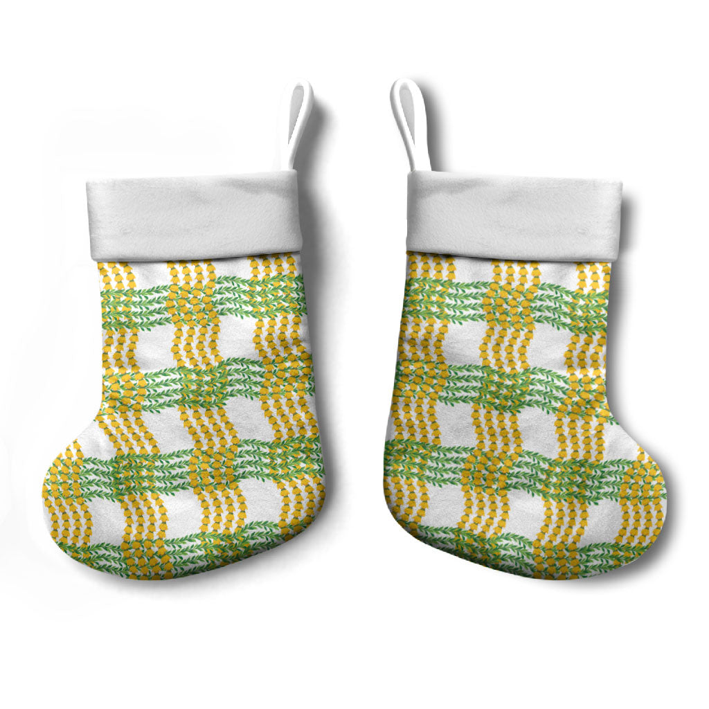 Aloha Hawaii Ilima Maile Lei Christmas Stocking Palaka Inspired Hawaiian-plaid White