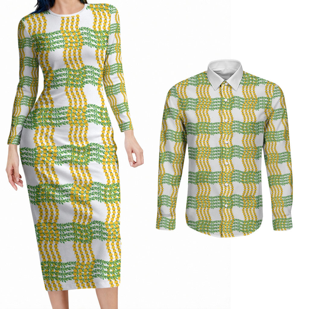 Aloha Hawaii Ilima Maile Lei Couples Matching Long Sleeve Bodycon Dress and Long Sleeve Button Shirt Palaka Inspired Hawaiian-plaid White