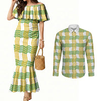 Aloha Hawaii Ilima Maile Lei Couples Matching Mermaid Dress and Long Sleeve Button Shirt Palaka Inspired Hawaiian-plaid White