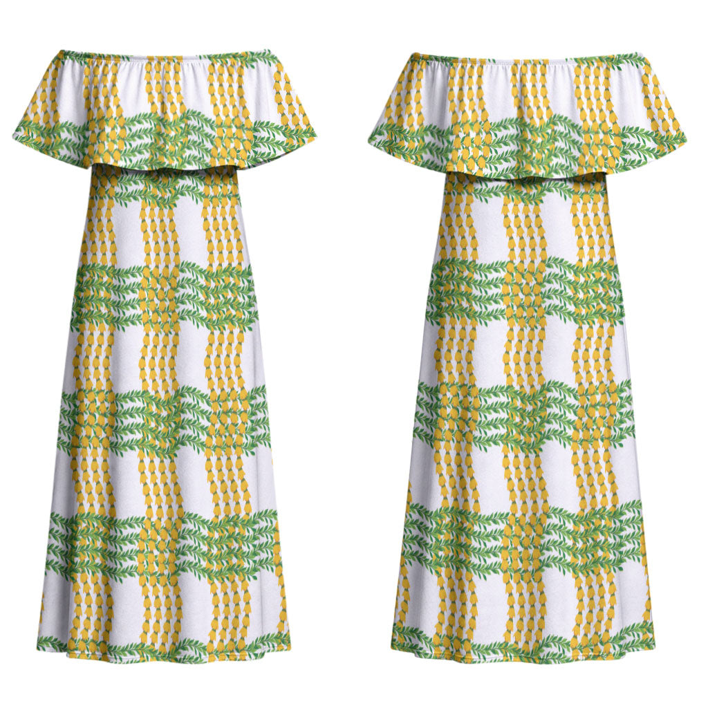 Aloha Hawaii Ilima Maile Lei Couples Matching Off Shoulder Maxi Dress and Long Sleeve Button Shirt Palaka Inspired Hawaiian-plaid White