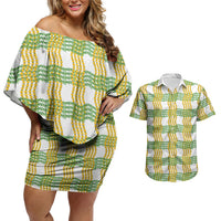Aloha Hawaii Ilima Maile Lei Couples Matching Off Shoulder Short Dress and Hawaiian Shirt Palaka Inspired Hawaiian-plaid White
