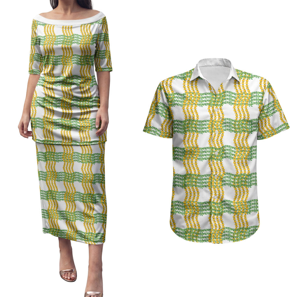 Aloha Hawaii Ilima Maile Lei Couples Matching Puletasi and Hawaiian Shirt Palaka Inspired Hawaiian-plaid White