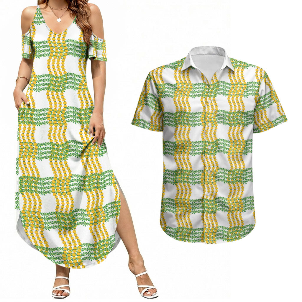 Aloha Hawaii Ilima Maile Lei Couples Matching Summer Maxi Dress and Hawaiian Shirt Palaka Inspired Hawaiian-plaid White