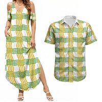 Aloha Hawaii Ilima Maile Lei Couples Matching Summer Maxi Dress and Hawaiian Shirt Palaka Inspired Hawaiian-plaid White