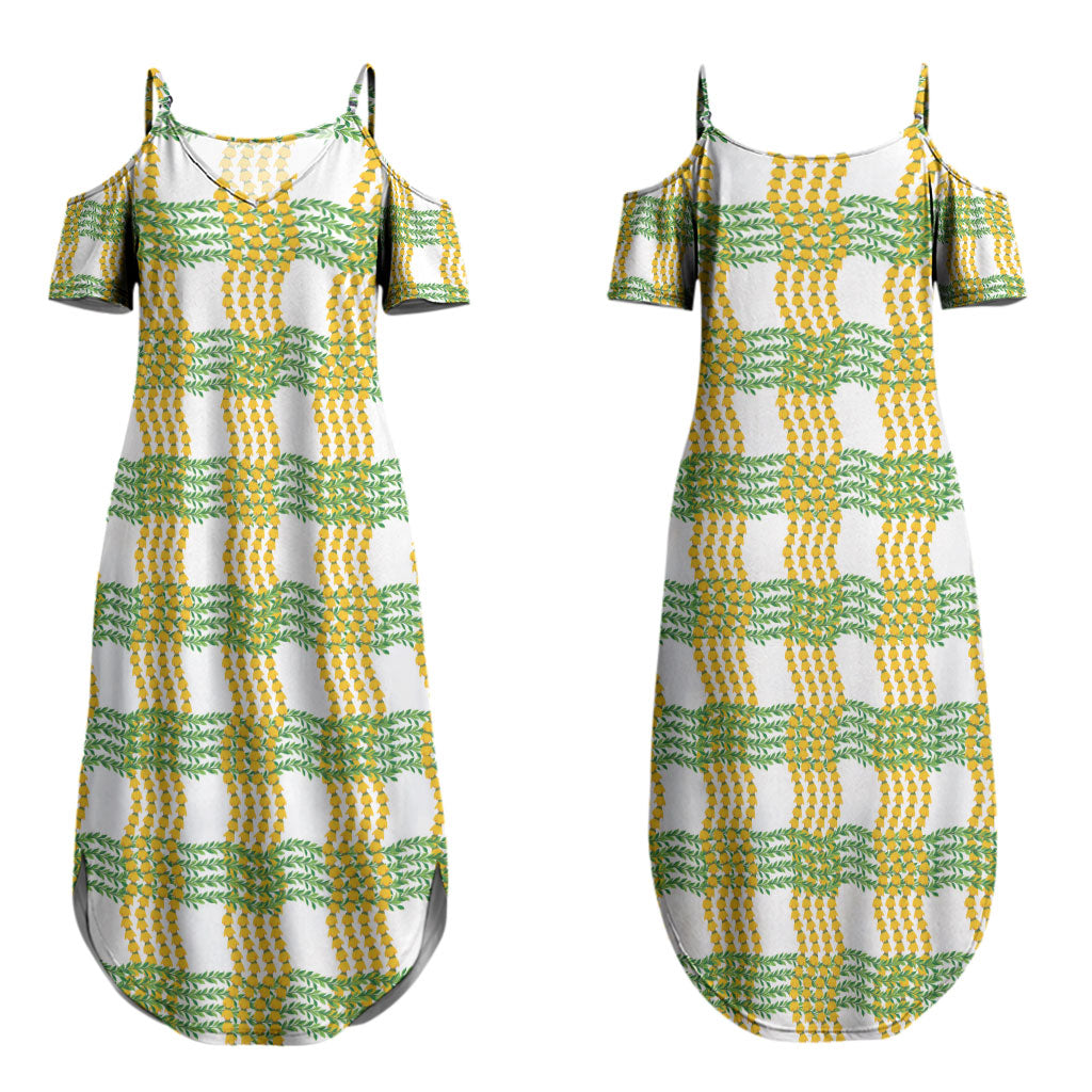 Aloha Hawaii Ilima Maile Lei Couples Matching Summer Maxi Dress and Hawaiian Shirt Palaka Inspired Hawaiian-plaid White