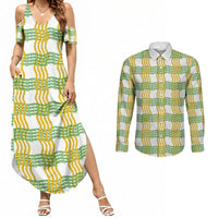 Aloha Hawaii Ilima Maile Lei Couples Matching Summer Maxi Dress and Long Sleeve Button Shirt Palaka Inspired Hawaiian-plaid White