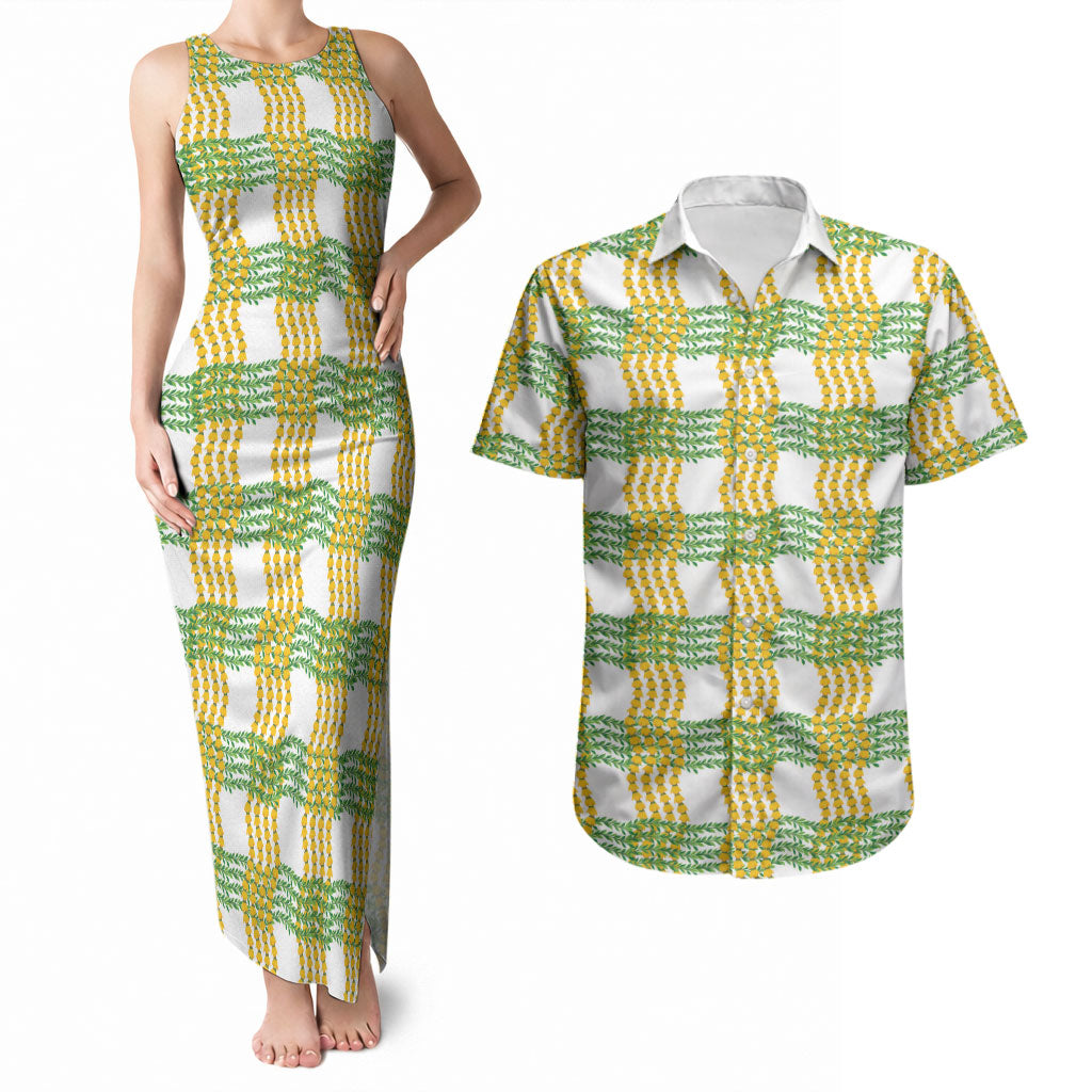 Aloha Hawaii Ilima Maile Lei Couples Matching Tank Maxi Dress and Hawaiian Shirt Palaka Inspired Hawaiian-plaid White