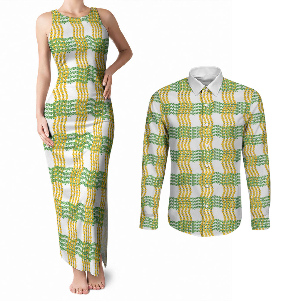 Aloha Hawaii Ilima Maile Lei Couples Matching Tank Maxi Dress and Long Sleeve Button Shirt Palaka Inspired Hawaiian-plaid White