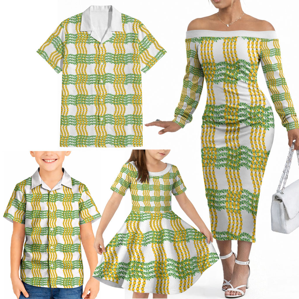 Aloha Hawaii Ilima Maile Lei Family Matching Off The Shoulder Long Sleeve Dress and Hawaiian Shirt Palaka Inspired Hawaiian-plaid White