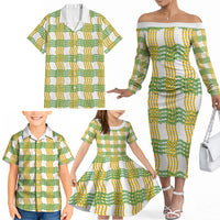 Aloha Hawaii Ilima Maile Lei Family Matching Off The Shoulder Long Sleeve Dress and Hawaiian Shirt Palaka Inspired Hawaiian-plaid White