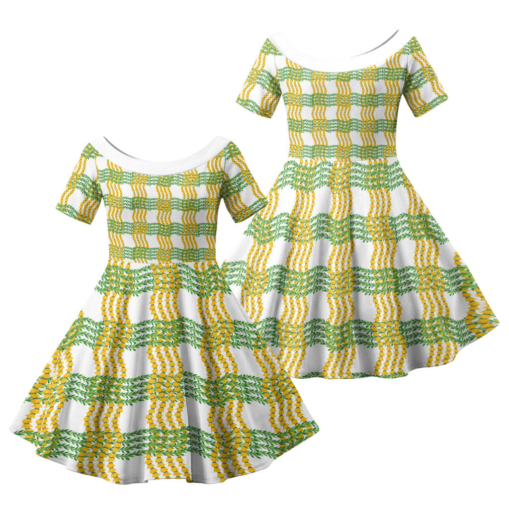 Aloha Hawaii Ilima Maile Lei Family Matching Off Shoulder Maxi Dress and Hawaiian Shirt Palaka Inspired Hawaiian-plaid White